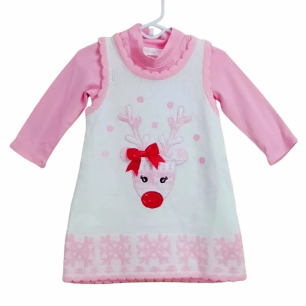 Bonnie Baby Reindeer Sweater Dress 18M Christmas Jumper with Scallop Edges